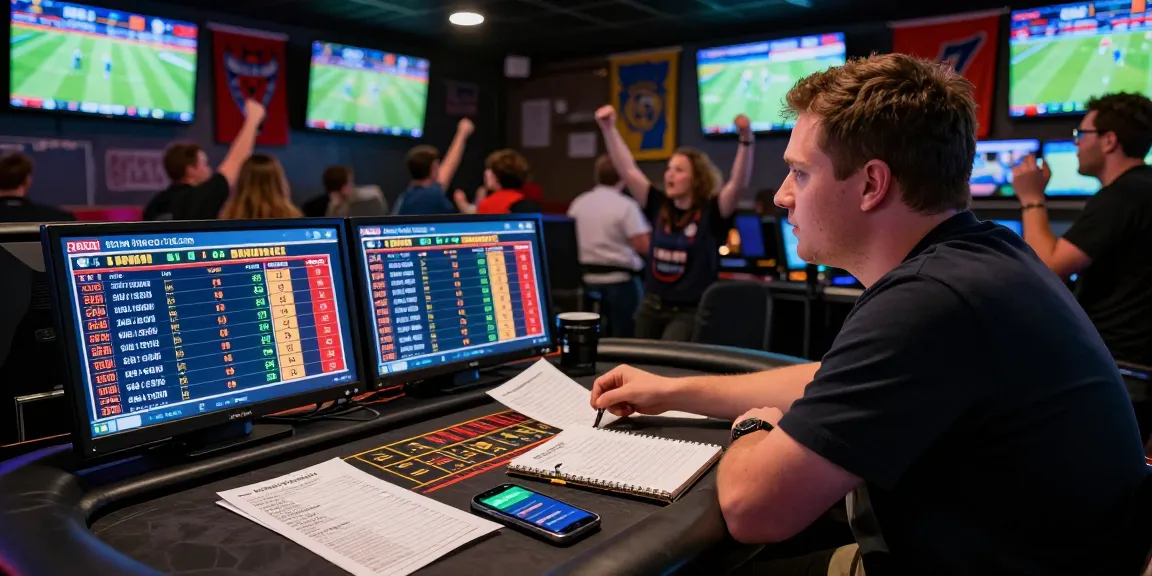 Scène de parieur au bookmaker sans limite de mise, analysant les cotes et les statistiques sportives.
