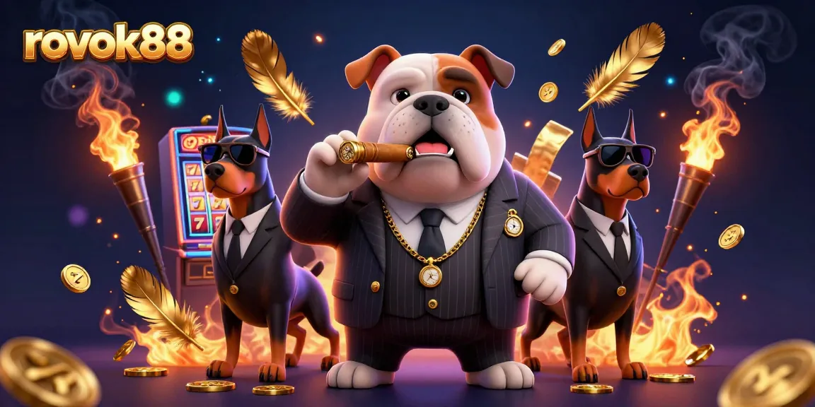 Engage with rokok88 in this vibrant casino scene featuring dynamic slot machines, a mafia bulldog, and bodyguard Dobermans.