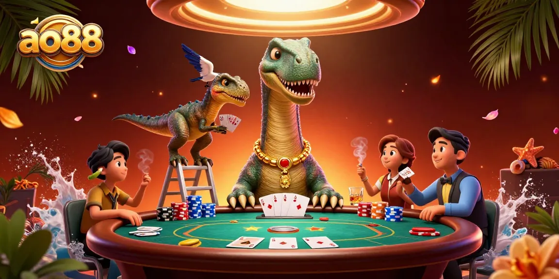 Engage in thrilling poker action with ao88 as a brontosaurus looms over the table.