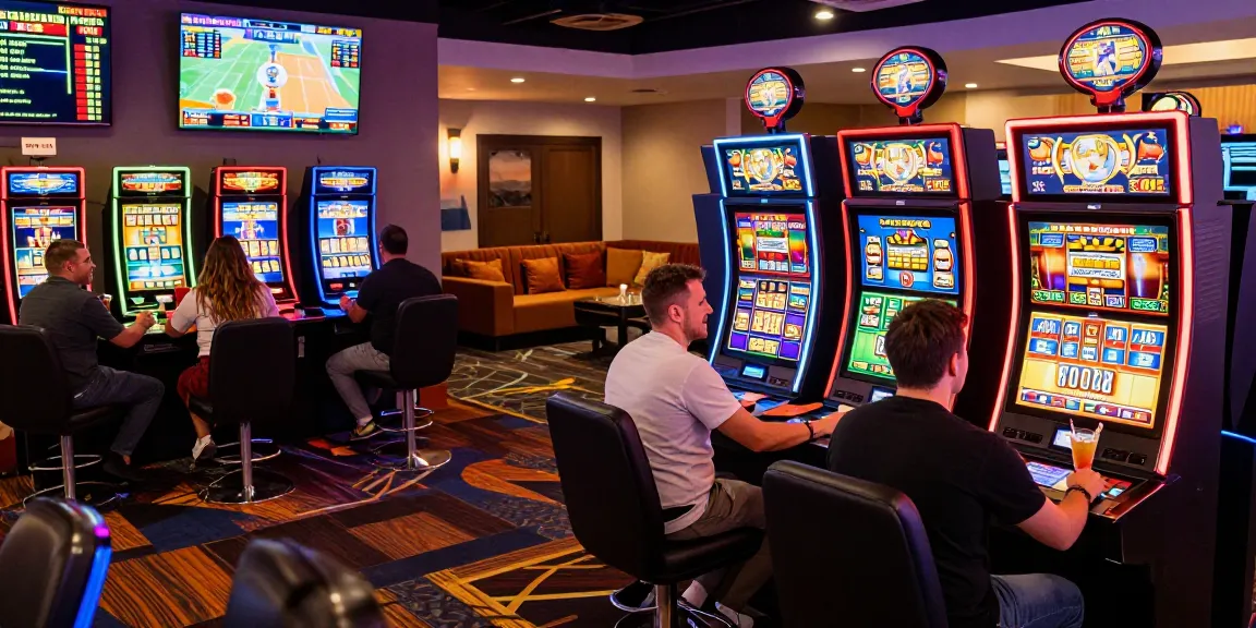Ambiance de casino en ligne avec des joueurs engagés, des machines à sous et des jeux de table, expérience excitante de casino en ligne.
