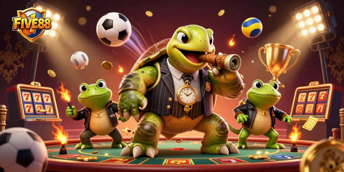 Engage with FIVE88's dynamic casino scene featuring a stylish mobster turtle and bullfrog enforcers surrounded by vibrant gambling elements.