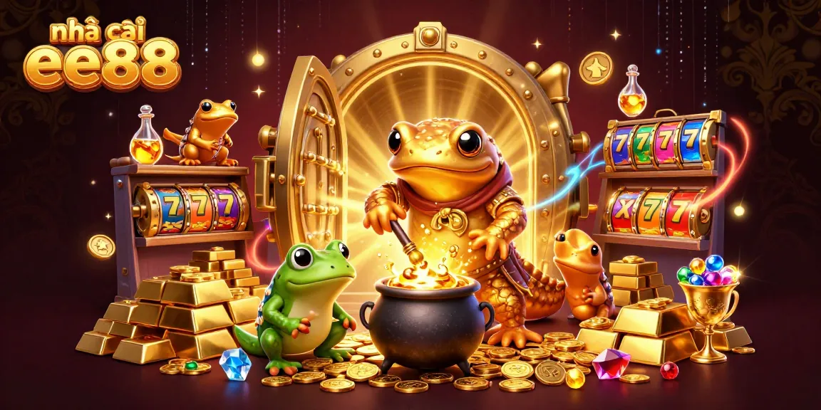 Engage with the nhà cái ee88 experience, discovering golden treasures and thrilling casino games in a 3D cartoon scene.