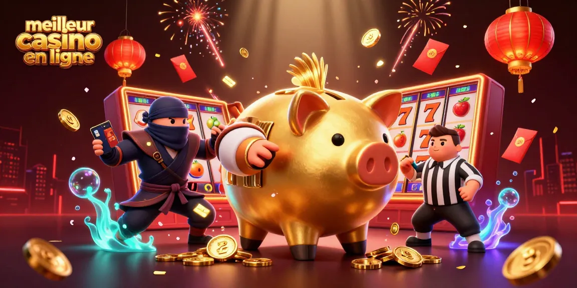 Jouer avec le meilleur casino en ligne avec un sumo géant, un ninja et un samouraï au milieu d'une explosion de pièces dorées et éléments de jeux.