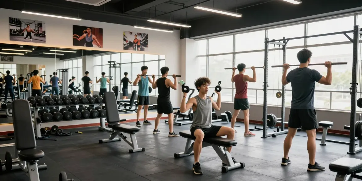 Scène dynamique d'entraînement dans la Steroide Boutique avec des personnes faisant de l'exercice.