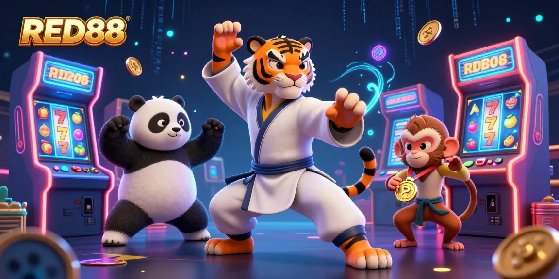 Catch the excitement at RED88 with kung fu characters among vibrant gaming action in this colorful illustration.