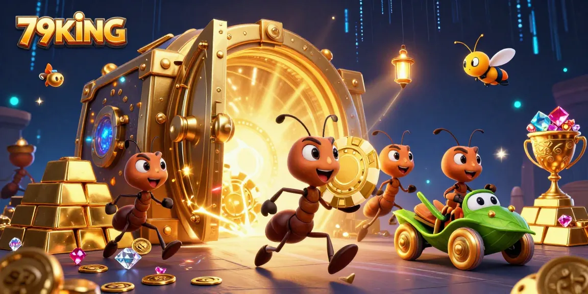 Join the thrilling adventure of 79KING as ants heist a giant poker chip amidst sparkling riches!