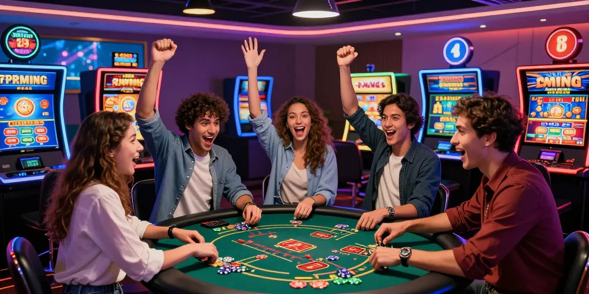 Scène de casino en ligne avec des amis célébrant leurs gains, ambiance festive et jeux variés.