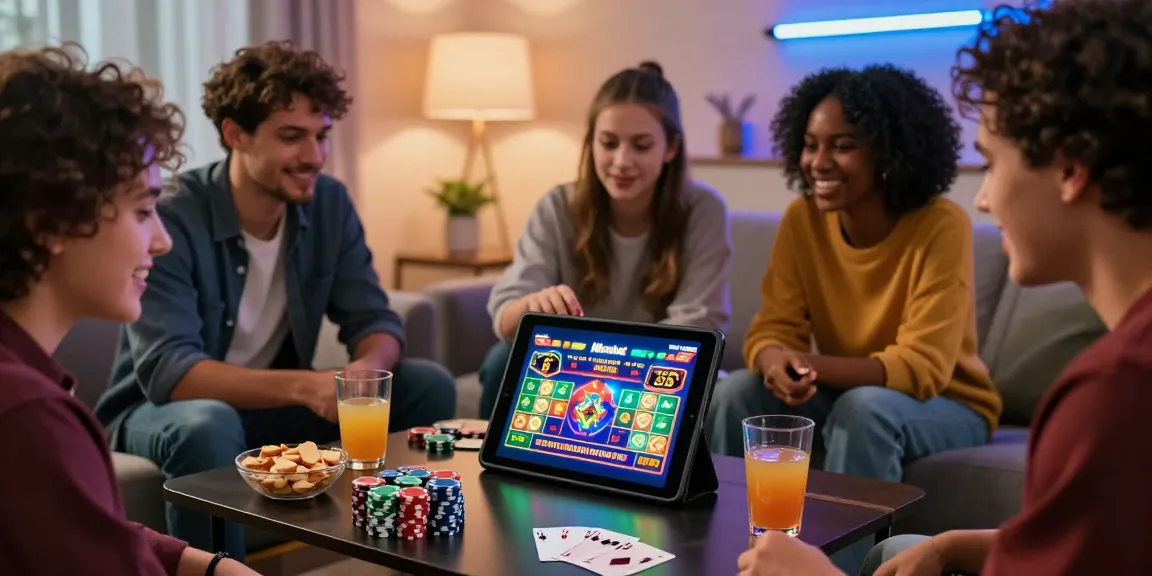 Groupe d'amis jouant à des jeux de casino en ligne, ambiance festive et lumineuse dans un salon moderne.