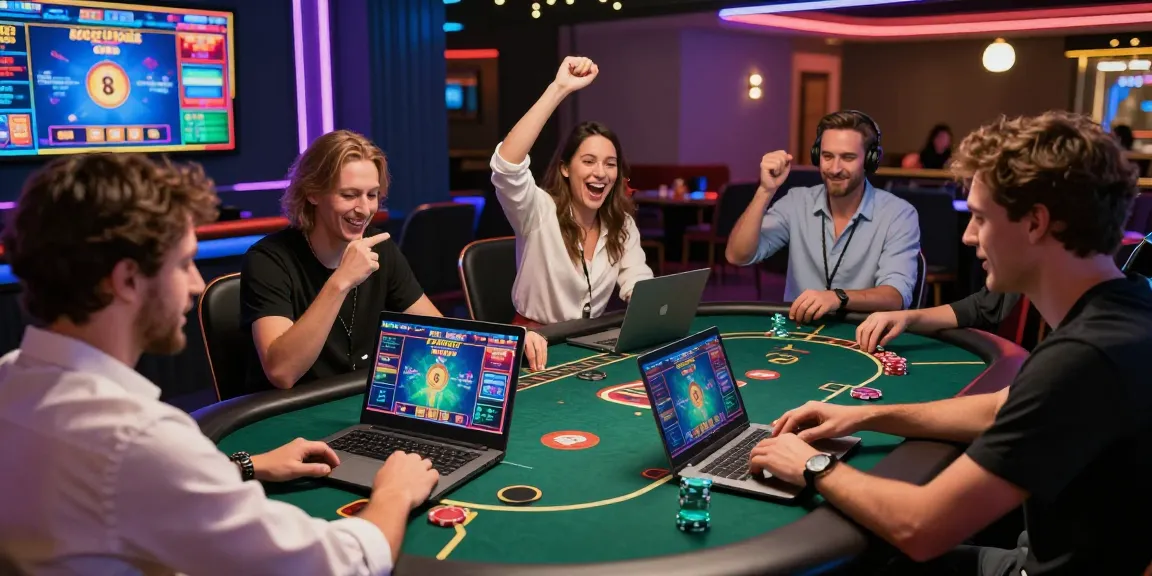 Scène animée de joueurs explorant un casino en ligne avec excitation.