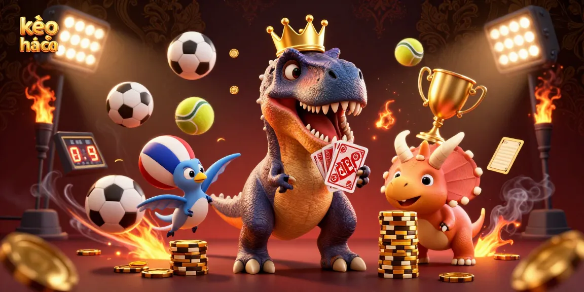 Place bets with kèo nhà cái featuring a T-Rex shuffling cards and a Pterodactyl assistant