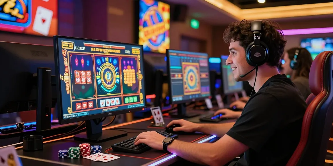 Joueur au casino en ligne utilisant un ordinateur pour jouer à un jeu de machines à sous, entouré de jetons de poker et de cartes, ambiance vibrante et engageante.