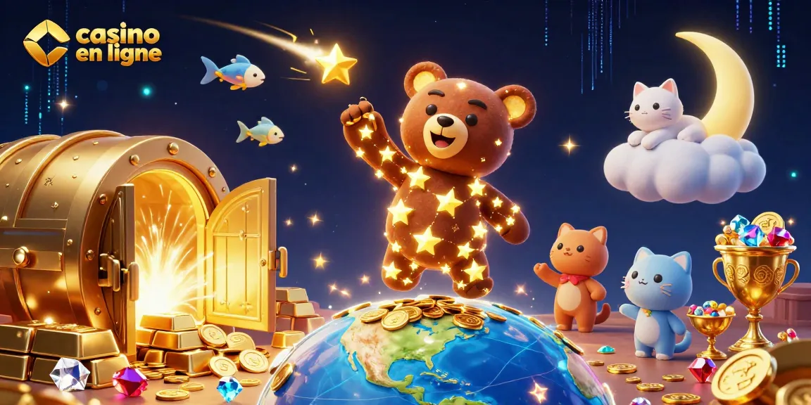 Casino en ligne : Illustration dynamique d'un ours constellation et de jeux d'argent étoilés.