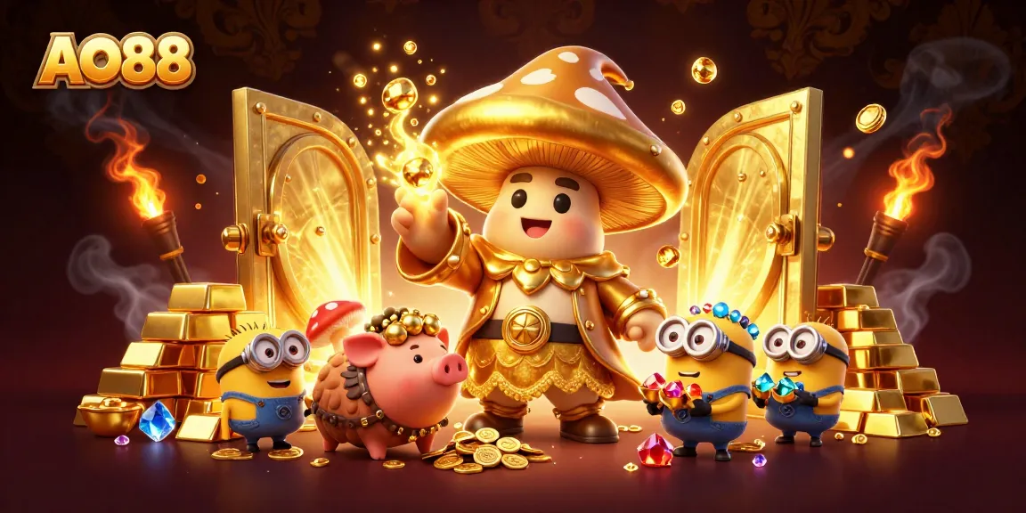 Experience winning with AO88's golden mushroom wizard and treasure-filled casino scene.