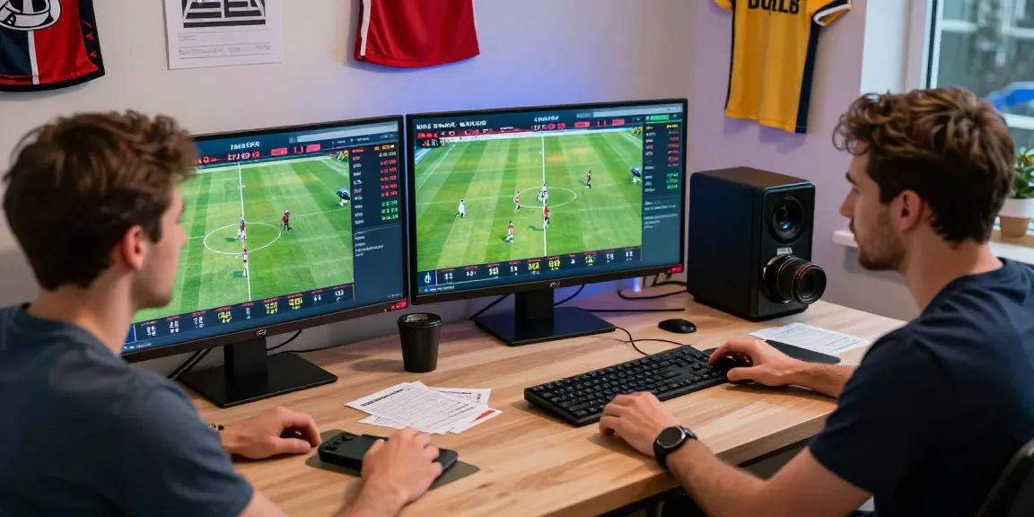 Parieurs utilisant un bookmaker sans limite de mise sur un match de football, entourés de matériel de paris.