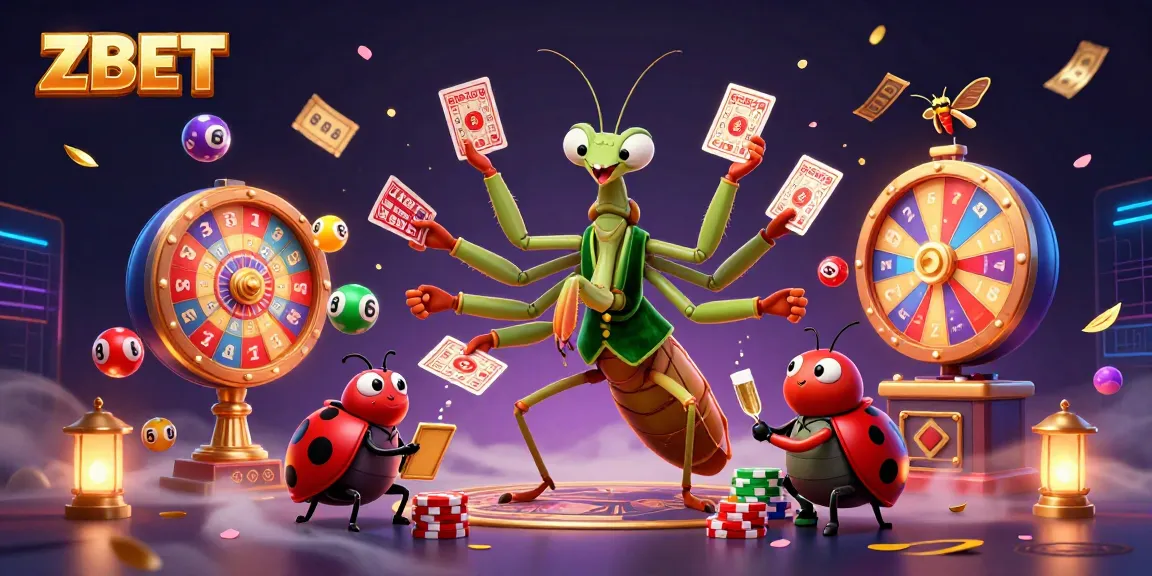 ZBET showcases a vibrant casino scene with a praying mantis card sharp and dynamic lottery elements.