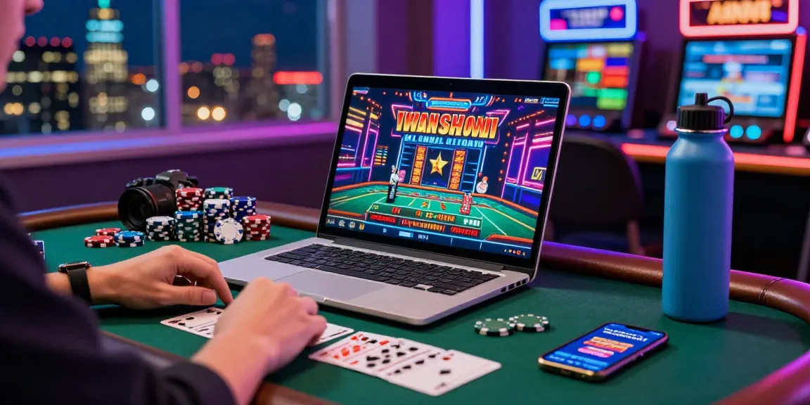 un joueur de casino en ligne engagé sur son ordinateur portable, avec des jetons et cartes dispersés sur une table moderne, ambiance vibrante et excitante.