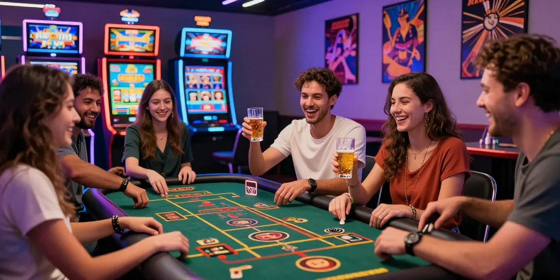 Casino en ligne : amis jouant à des jeux de casino dans une ambiance festive avec des machines colorées et des lumières vives.