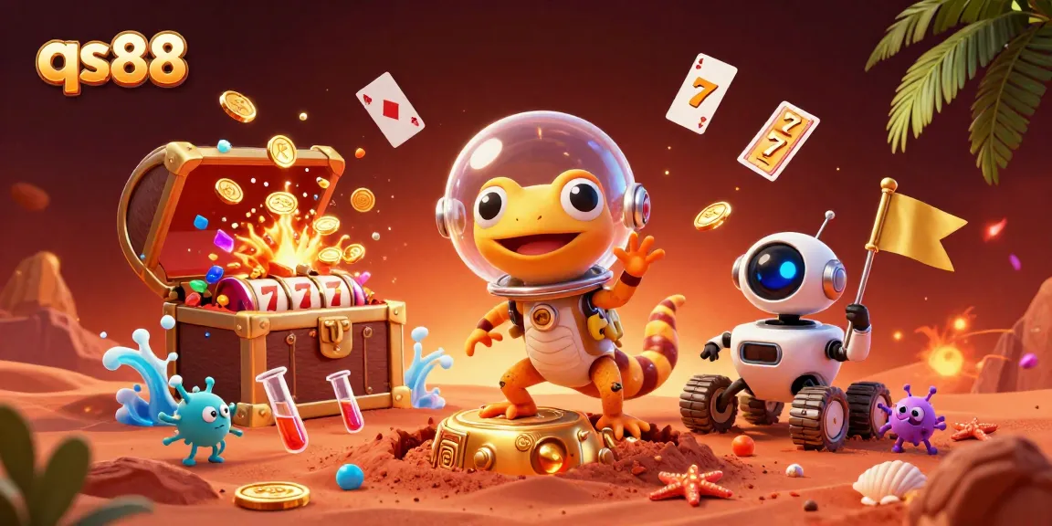 qs88 Martian gecko discovers a golden casino, surrounded by floating slot reels and gold coins.