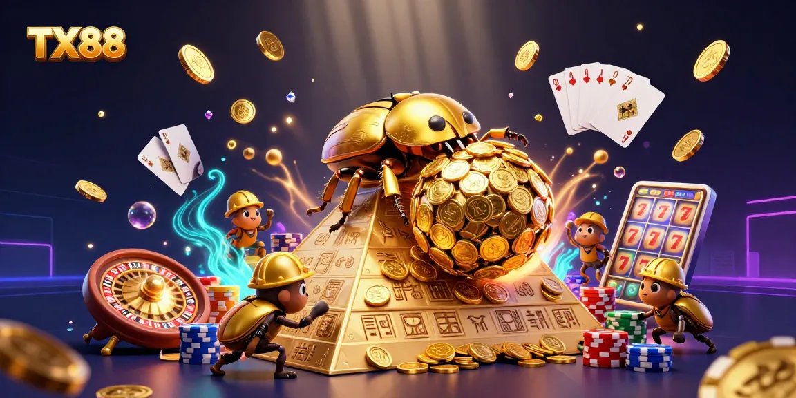 TX88 captures the excitement of spinning roulette wheels and golden coins cascading around dynamic cartoon beetles.