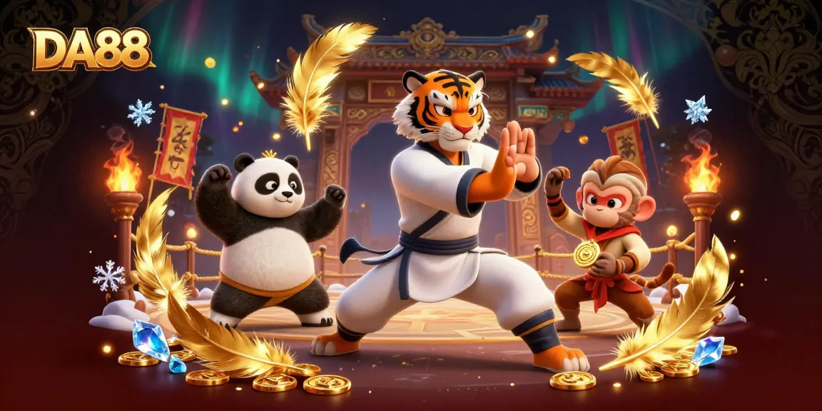 Experience excitement at DA88 as a kung fu tiger and panda showcase their martial arts skills in a vibrant casino scene.