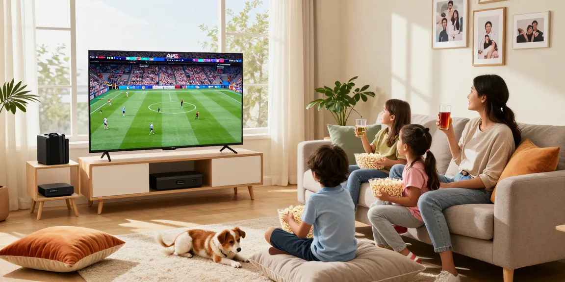 Profitez d'un abonnement IPTV pour toute la famille avec un écran 4K dans un salon accueillant.