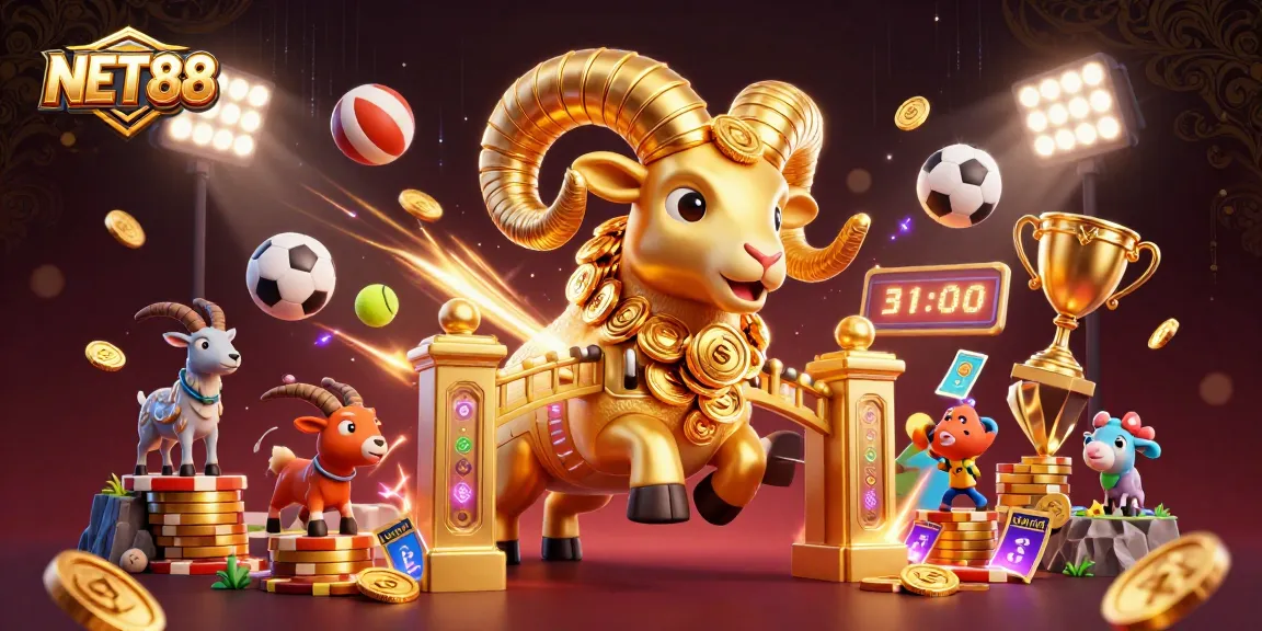 NET88 unleashes excitement with a golden ram charging through a vibrant sports betting arena.