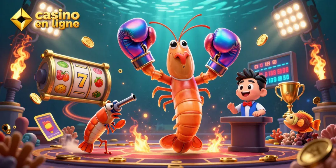 Illustration dynamique de casino en ligne avec des personnages de crevettes et des éléments de jeu scintillants.