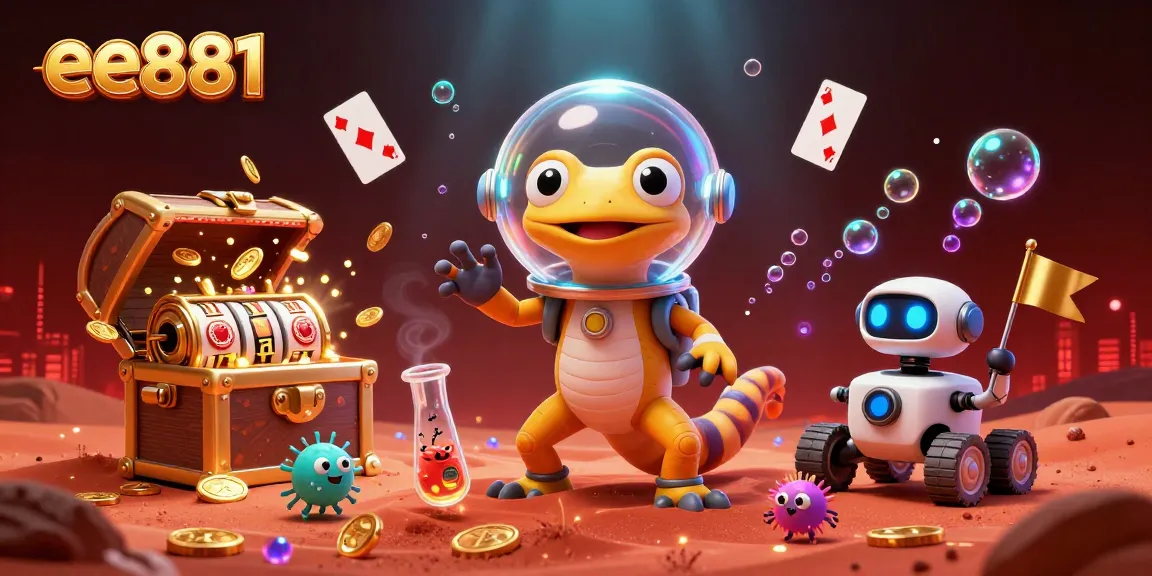 Experience thrilling gaming at ee881 with a Martian gecko discovering a golden casino in a vibrant setting.