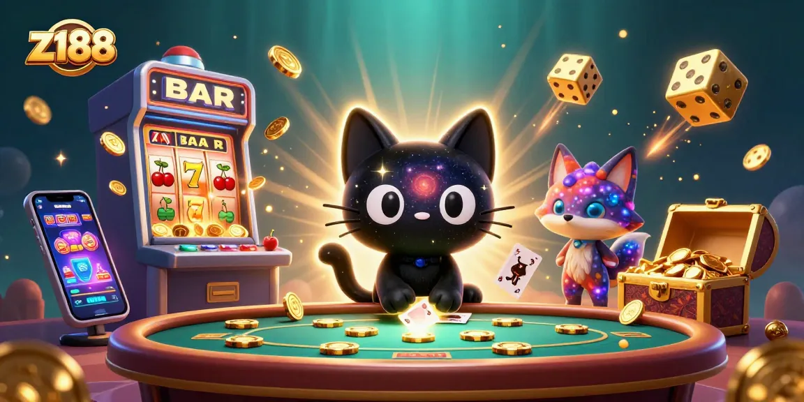 Experience the thrilling z188 casino with a cosmic scene featuring a black hole cat and fox, as golden chips fly.