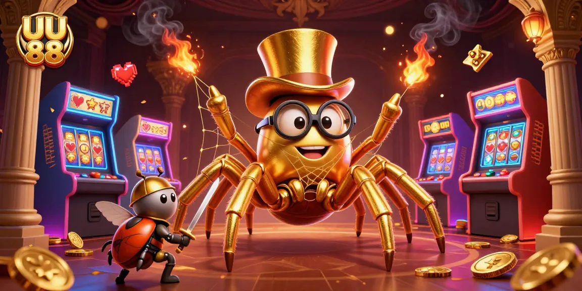 Win exciting jackpots with UU 88 at a vibrant casino illustrated scene featuring a golden tarantula.