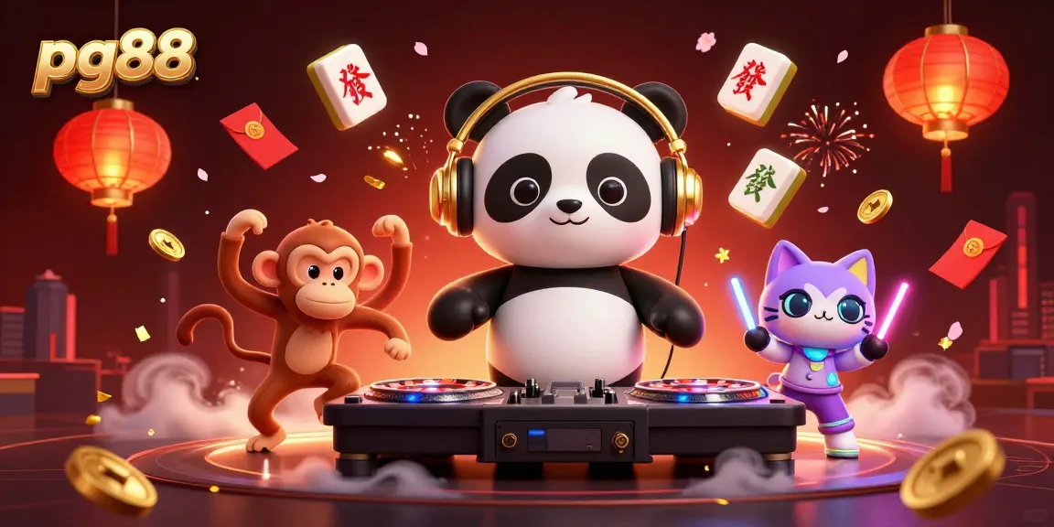 Experience the excitement of pg88 with a DJ panda spinning on roulette wheels amidst vibrant elements.