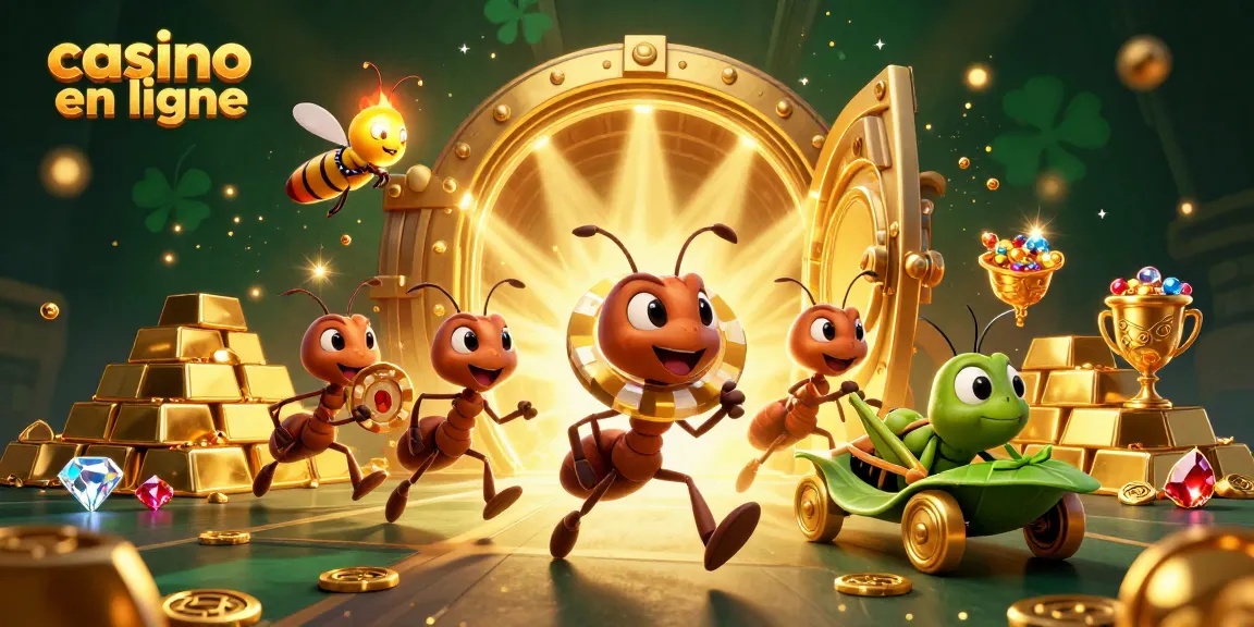 Les fourmis transportent une jeton de poker XXL vers un coffre fort dans un casino en ligne.
