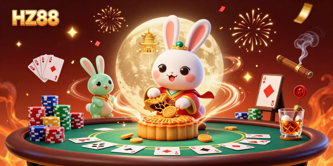 Play with HZ88 at a vibrant moonlit casino, featuring poker chips, cards, and festive celebrations.