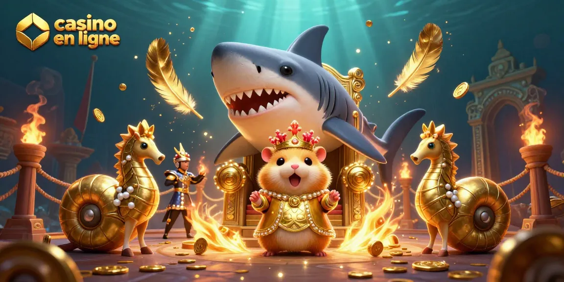 Plongez dans l'univers du casino en ligne avec le roi hamster couronné, gardé par des hippocampes, sur un trône fascinant.