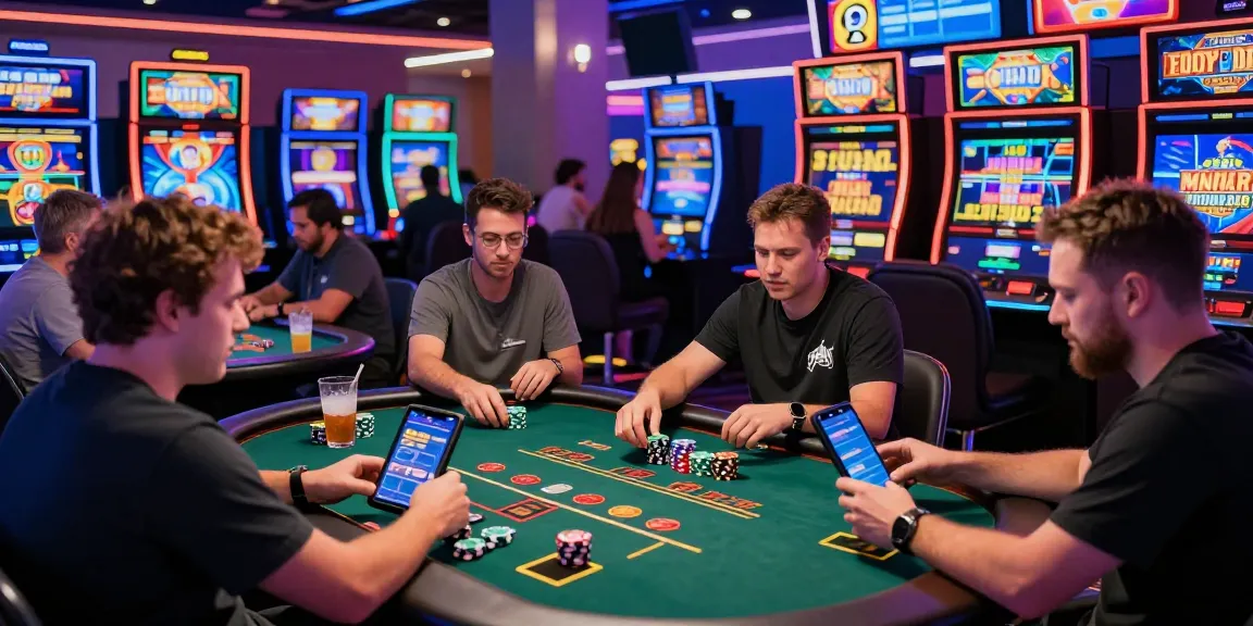 Scène de casino en ligne animée avec joueurs diversifiés jouant à la roulette, aux machines à sous, et sur leurs appareils mobiles, ambiance lumineuse et festive.