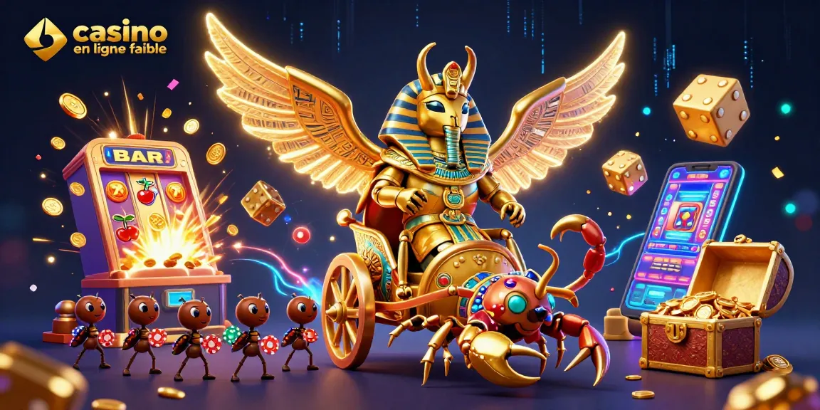 Casino en ligne fiable : un scarabée d'or et des scorpions entourés de machines à sous et de pièces volantes.