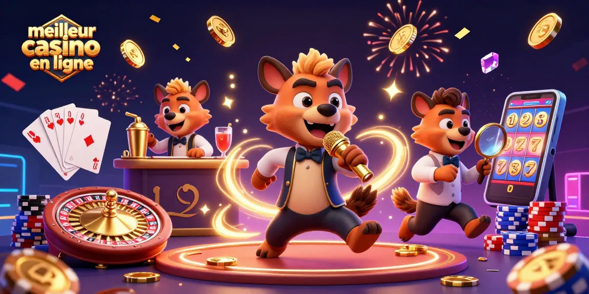 Meilleur casino en ligne avec des hyènes animées, jetant des pièces d'or et pierres précieuses autour d'une scène festive.