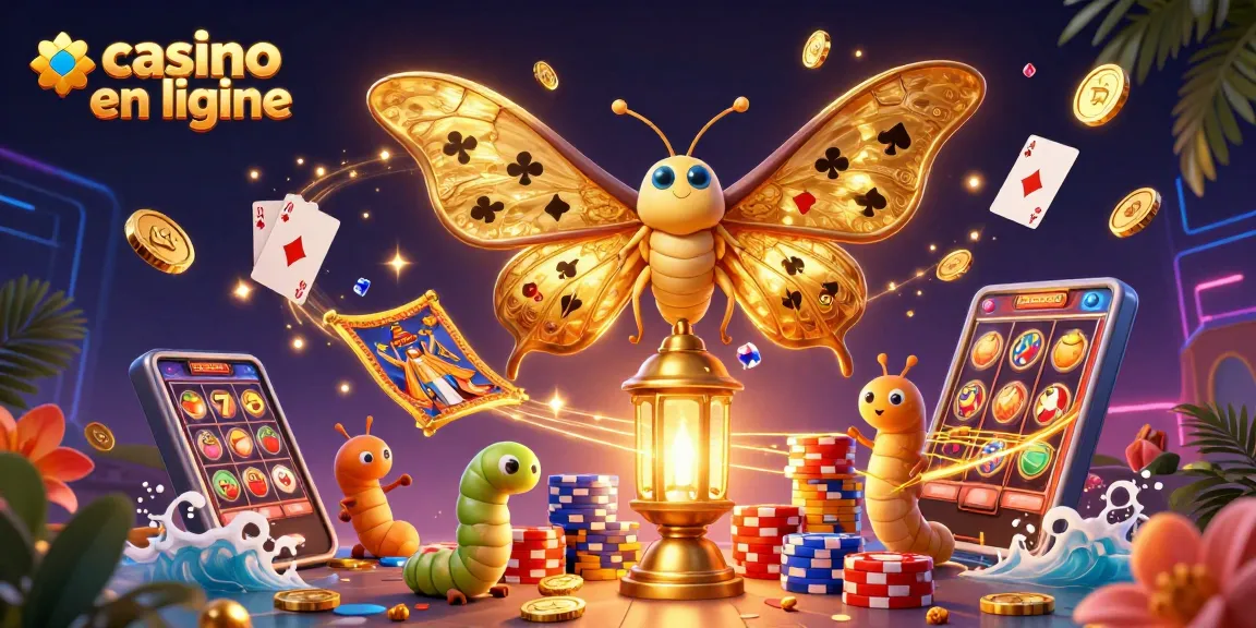 Illustration en 3D casino en ligne avec un papillon alate et des éléments de jeux de casino.