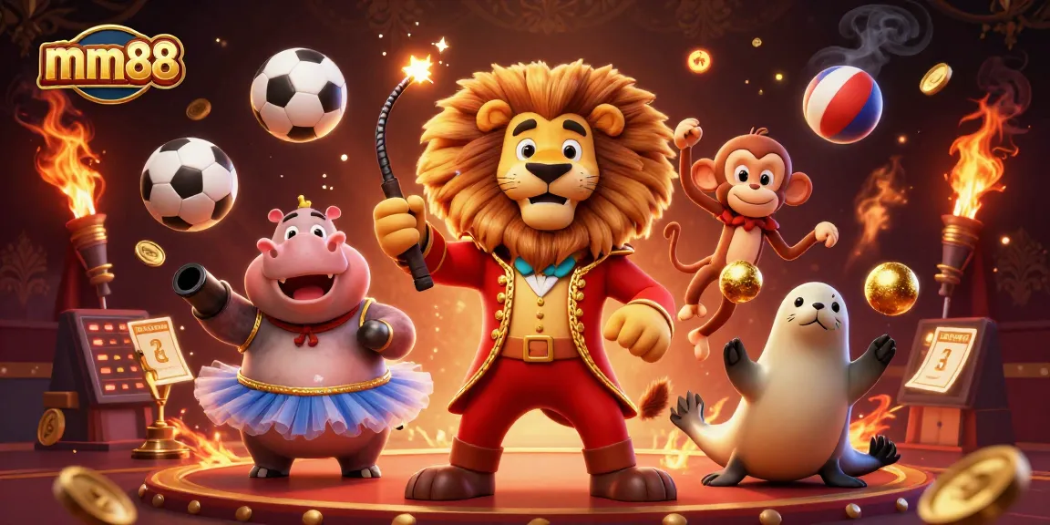 Engage in thrilling gaming at mm88 with vibrant circus-themed characters in a dynamic casino scene.