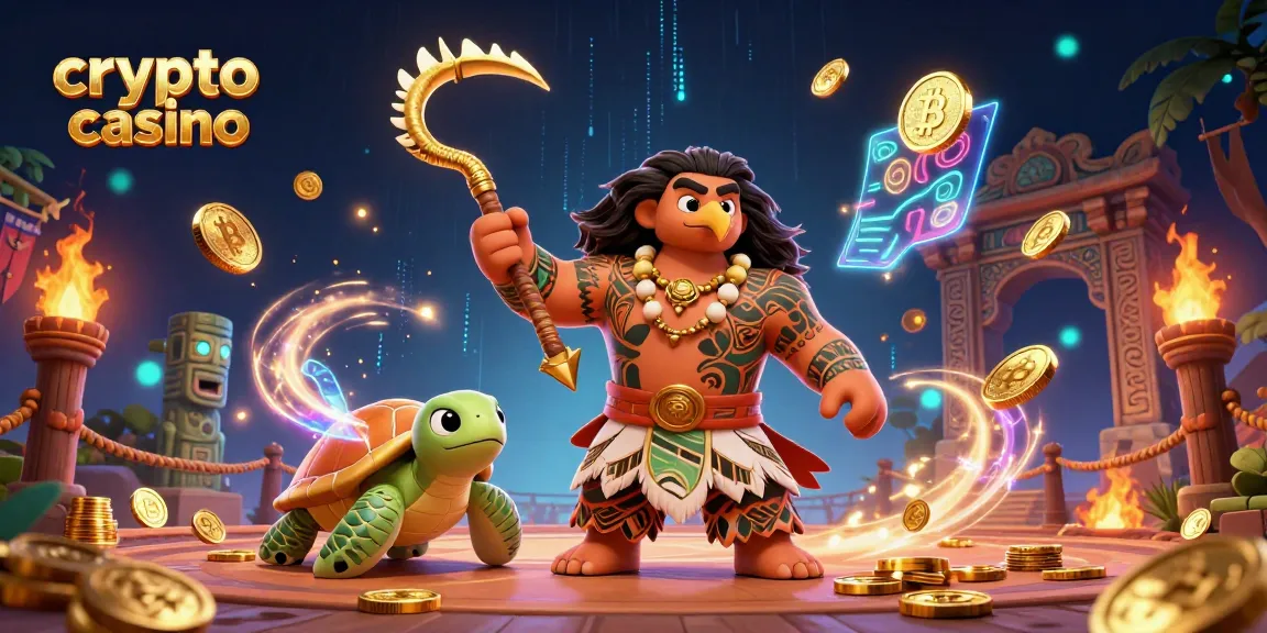 Dans ce casino crypto, un demi-dieu faucon et une tortue interagissent avec des pièces Bitcoin scintillantes.