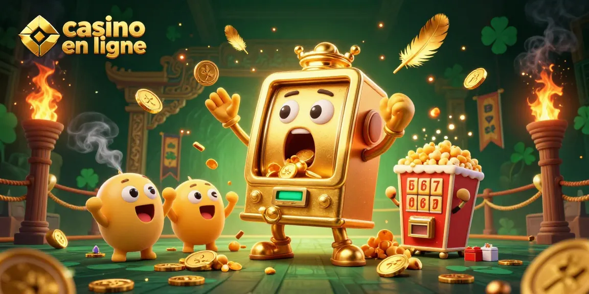 Illustration de casino en ligne avec une machine à sous dorée animée et des pièces qui tombent.