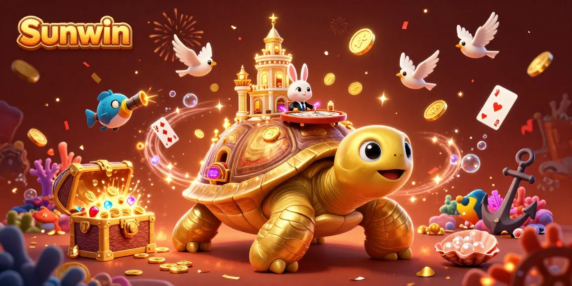 Experience the vibrant energy of Sunwin with a golden tortoise casino scene filled with confetti and gold coins.