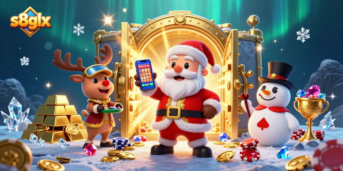 Experience exciting wins with s8glx, featuring Santa and friends in a vibrant casino scene.
