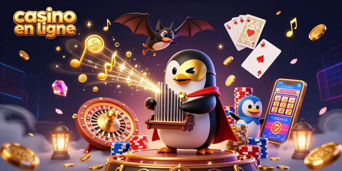 Jouer dans un casino en ligne avec un pingouin fantôme et un organiste, des pièces d'or s'envolent.
