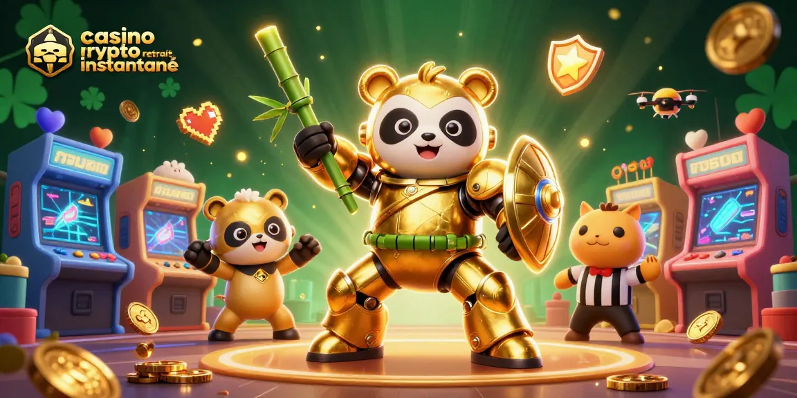 Jeu rapide et sécurisé dans un casino crypto retrait instantané avec un panda en costume de mécha et une ambiance festive.