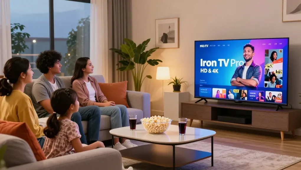 Une famille profitant de l'Iron tv pro dans leur salon moderne, regardant des contenus en HD et 4K ensemble.