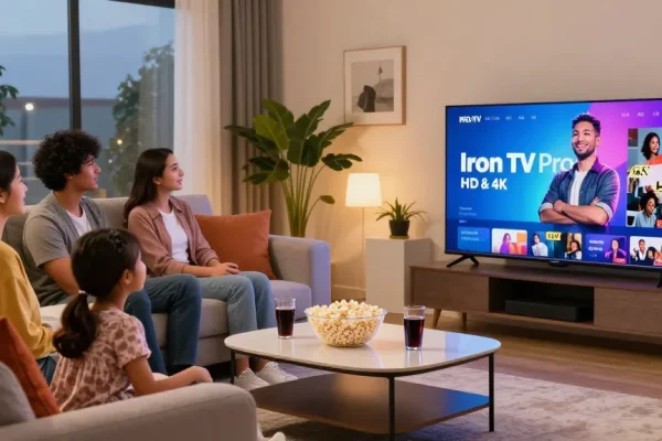 Une famille profitant de l'Iron tv pro dans leur salon moderne, regardant des contenus en HD et 4K ensemble.