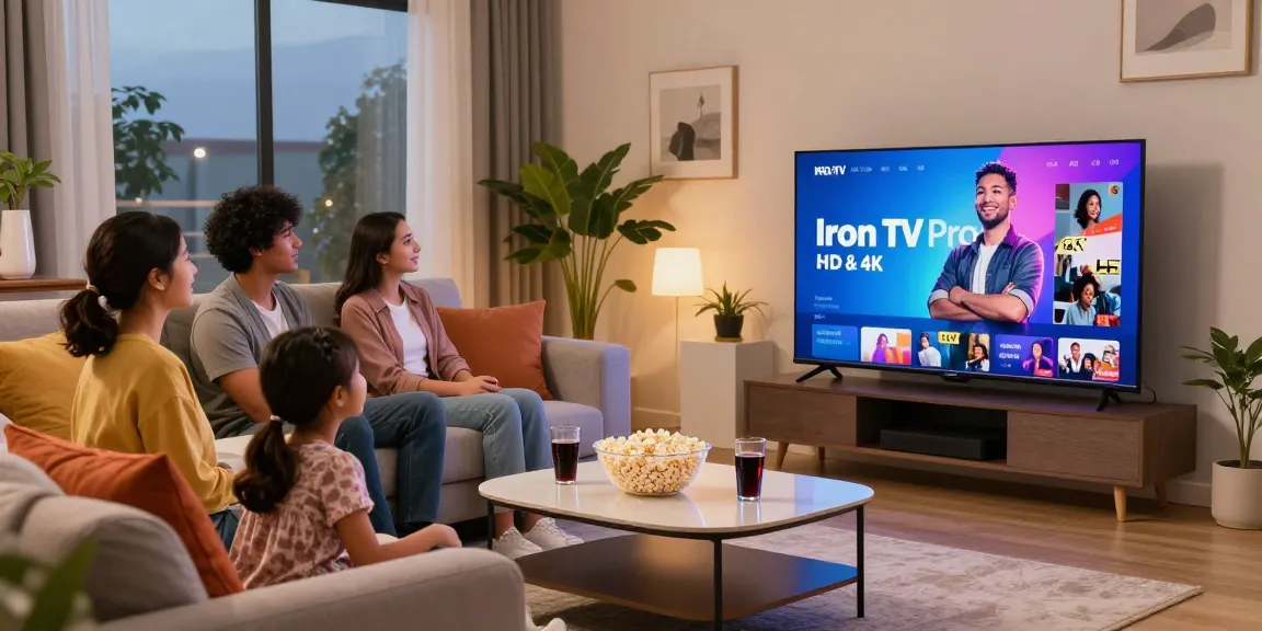 Une famille profitant de l'Iron tv pro dans leur salon moderne, regardant des contenus en HD et 4K ensemble.
