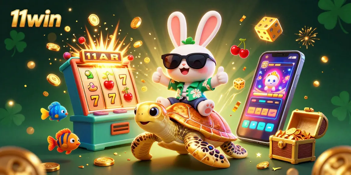 Engage with the vibrant scene featuring the lucky rabbit and turtle at 11win's slot machine paradise.