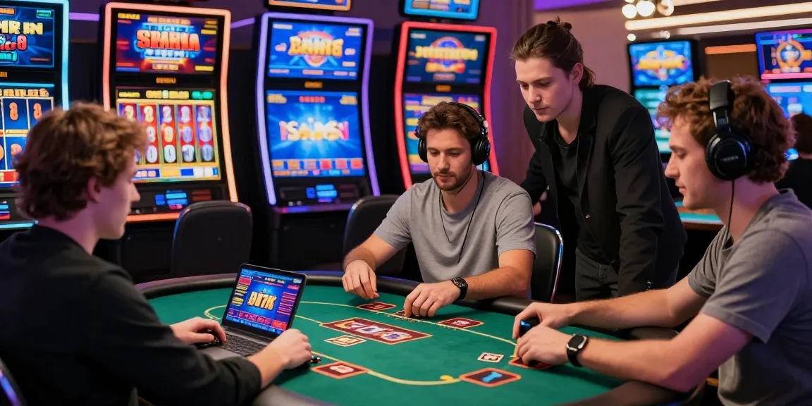 Scène de casino en ligne capturant des joueurs engagés dans des jeux sur appareils numériques et machines à sous, illustrant l'expérience dynamique du casino en ligne.